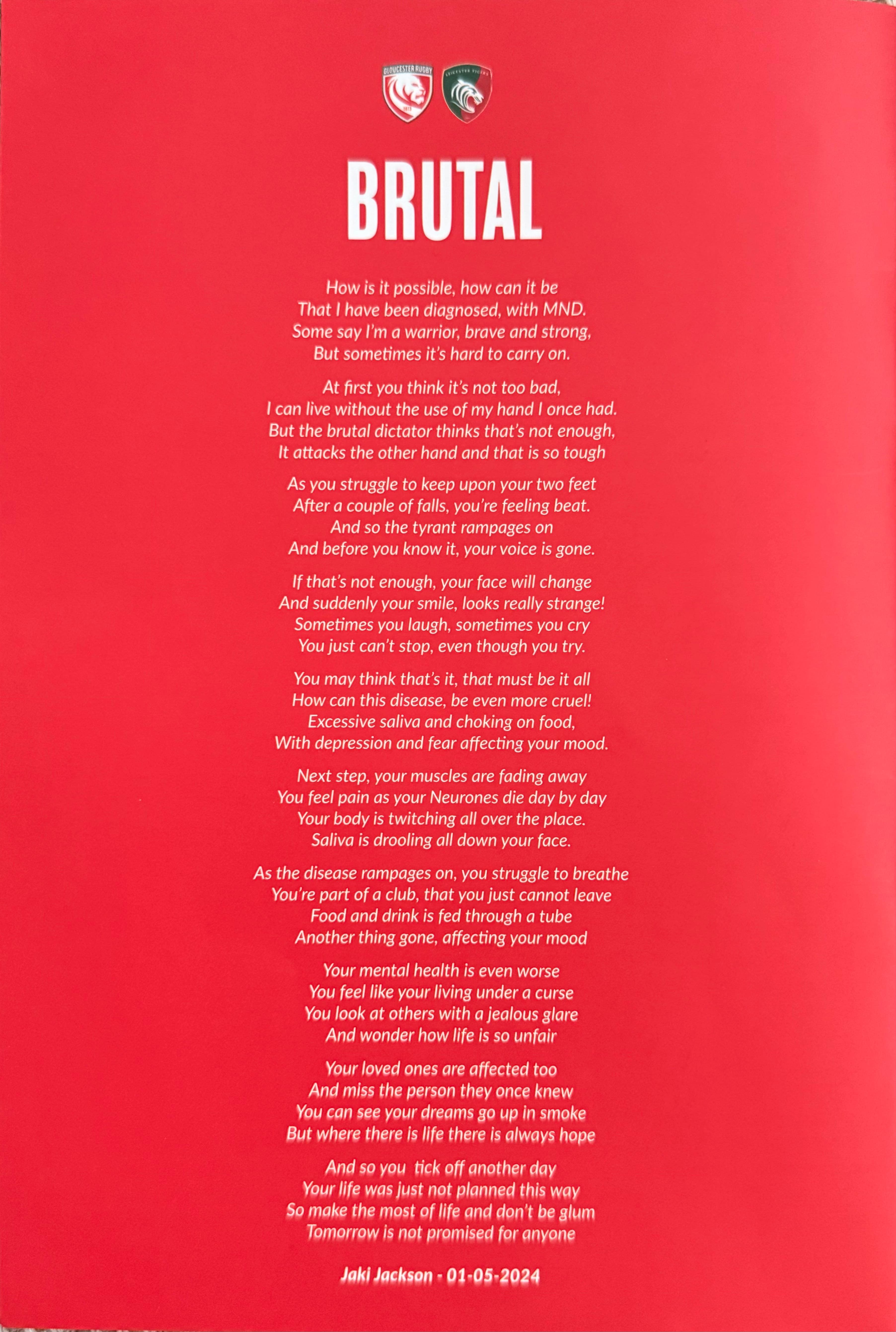 Brutal poem featured in Rugby Union matchday programme